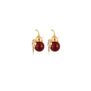 Elegant gold plated gourd stud earrings with deep red beads and cubic zirconia stones
