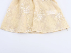 Detail of beaded lace hem with floral embroidery and sequins on cream blouse