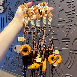 Creative pretzel and pastry keychain with braided rope and metal clip for bag decor