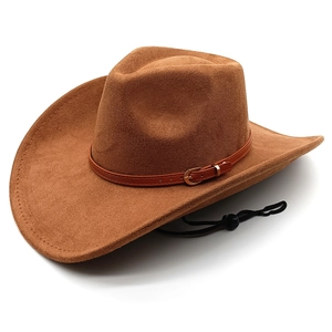 Classic caramel brown suede western cowboy hat with adjustable chin strap and leather band