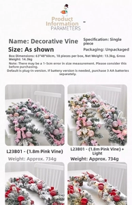Detail showing 1.8m snow-flocked Christmas garland with LED lights and pink ornaments