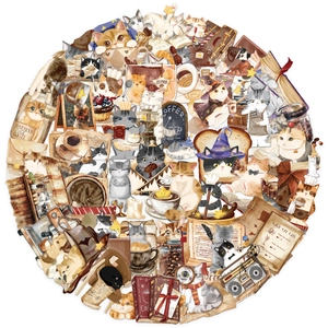 Artistic collage of waterproof transparent PET magic cat cafe stickers for scrapbooking