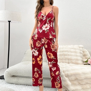 Elegant deep red floral satin pajama set featuring a V-neck camisole and matching trousers