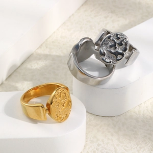 Minimalist 18K gold plated stainless steel nebula embossed oval adjustable open ring