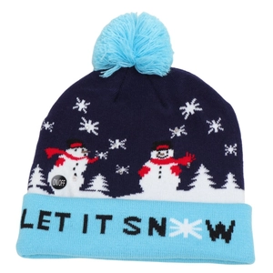 Detail of LED light button and Let It Snow text on blue knitted Christmas beanie