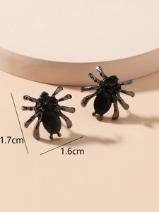 Detail showing dimensions of black spider stud earrings with shiny metallic finish