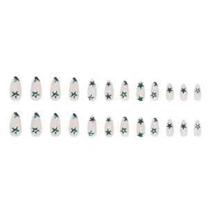 Almond-shaped press-on nails set with milk white base and dark green star patterns