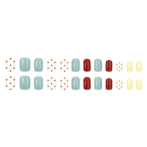24pcs short square press-on nails set with red polka dots and Morandi blue glossy finish