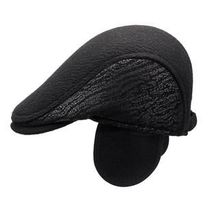 Men's winter wool cap with ear flaps in black fleece with textured side panels