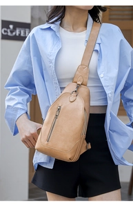 Détail du sac bandoulière en similicuir marron clair avec fermeture éclair et sangle réglable