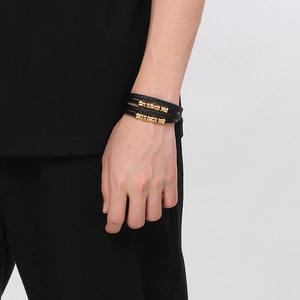 Men's multilayer braided black leather bracelet with gold stainless steel magnet clasp