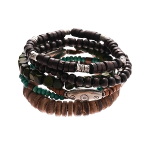 Bohemian multi-layer wooden bead and coconut shell bracelet set with sun totem metal charm