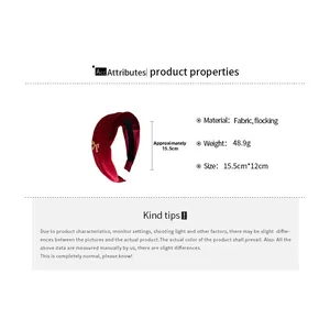 Detail specifications of red plush headband with dimensions 15.5cm by 12cm and weight 48.9g