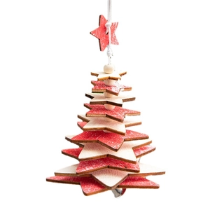 Wooden Christmas tree ornament with red and white stars, beads and silver bell detail