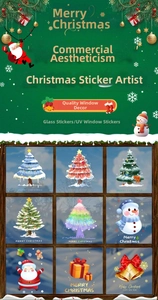 Detailed view of hand-drawn Christmas tree and Santa Claus festive window glass stickers
