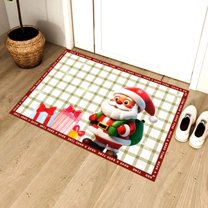 Christmas Door Mat Cartoon Santa Claus Plaid Pattern Non-Slip Water Absorbent Brushed Velvet Floor Mat For Entryway Kitchen