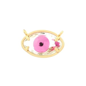 Macro detail of 18K gold plated evil eye pendant with faceted crystal and pink pupil