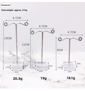 Three-piece acrylic base metal T-bar earring display stands with spiral anti-slip hooks