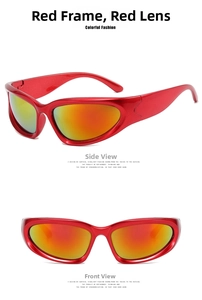 Front and side views of Y2K futuristic wrap sunglasses with red frames and mirror lenses