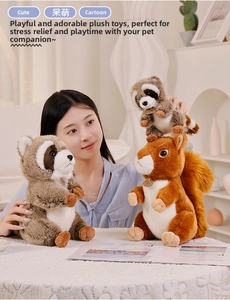 Close-up of plush squirrel and raccoon dolls with metallic tags in a cozy home setting