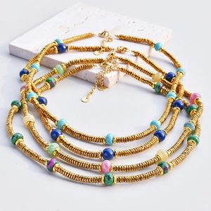 Natural Stone Beaded Necklace Gold Plated Stainless Steel Spiral Metal Chain Bohemian Ethnic Style For Women