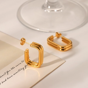 Elegant 18K gold-plated double-line rectangular earrings in minimalist stainless steel