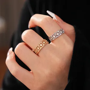 Gold and silver hollow floral rings with sparkling zircon inlay for women