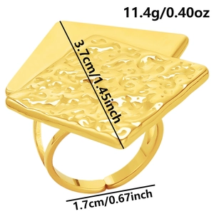 Detailed view of large gold plated square ring with size measurements and weight info