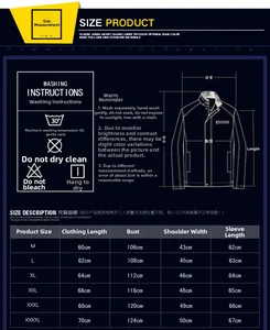 Size guide table for men's jacket showing measurements from M to 4XL and care symbols