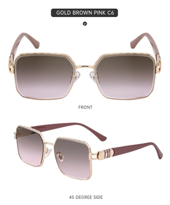 Front and 45-degree side view of gold frame sunglasses with brown pink gradient lenses
