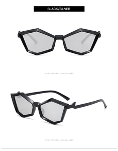 Front and side views of stylish polygon sunglasses with black frames and silver lenses