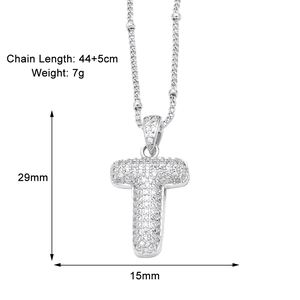 Silver letter T pendant necklace showing precise measurements and cubic zirconia details