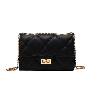 Classic black quilted crossbody bag with golden chain strap and metallic lock closure