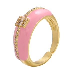 Detail of gold adjustable ring with pink enamel filling and square zircon clusters