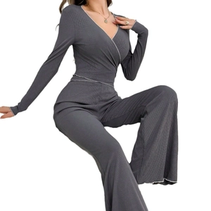 Deep grey V-neck long sleeve top and wide leg pants set with contrast stitching detail