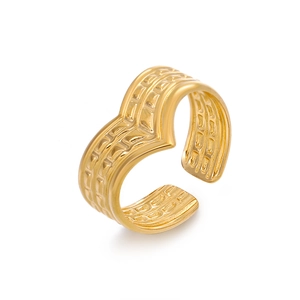 Adjustable 18K gold plated stainless steel ring with elegant V-shaped wide band design