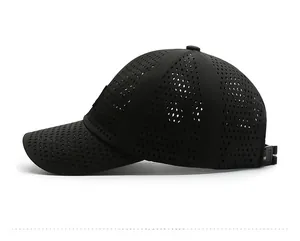 Detail view of black quick-dry sport cap featuring diamond laser-cut ventilation holes