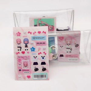 Detailed view of pink Y2K anime girl stickers with transparent PVC storage pouches