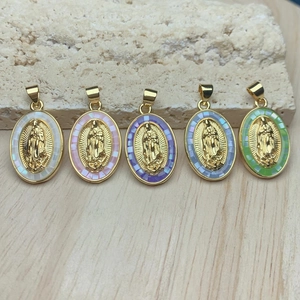 Virgin Of Guadalupe Pendant 18K Gold Plated Brass Mother Of Artificial Pearl Shell Cubic Zirconia Oval Religious DIY Jewelry Making