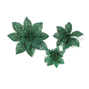 Three-piece green glitter poinsettia artificial flowers in varying sizes for tree decor