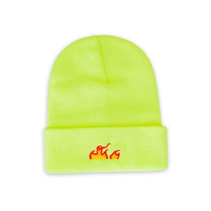 Detail of neon green beanie featuring vibrant flame embroidery on the cuffed knit texture