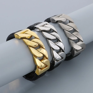 Cuban chain leather bracelets in gold, shiny silver and matte silver with magnetic clasps