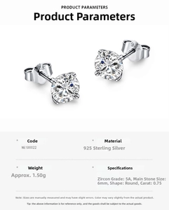 Detailed specs of S925 sterling silver stud earrings with 5A zircon inlay and 6mm stones