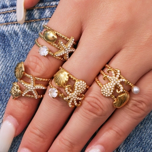 Nautical 18K gold plated ocean ring set with starfish octopus shell and zircon