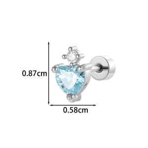 Silver screw-back heart stud earring with light blue zircon, size 0.87cm by 0.58cm