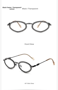 Detail of oval black frames with sparkling rhinestone embellishments and clear lenses