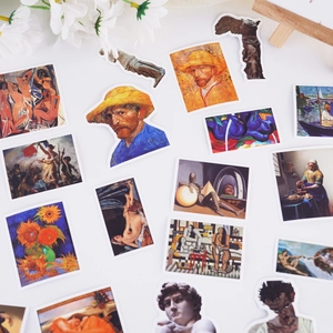 Flat lay of classic art oil painting stickers featuring Van Gogh and Masterpiece works