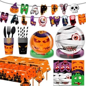 Halloween party tableware set with pumpkin plates, cups, napkins, and happy halloween banner
