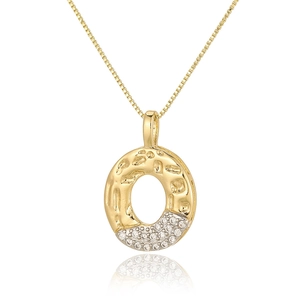 Detail of a gold box chain necklace featuring a zircon-encrusted oval hoop pendant