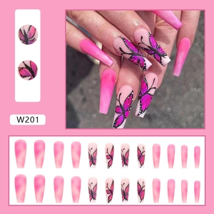 Long ballet press-on nails with pink gradient and purple butterfly hand-painted designs